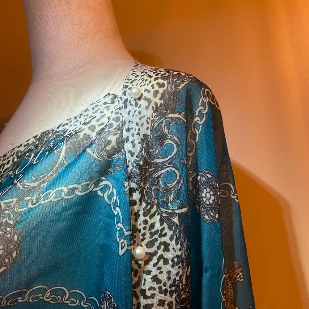 Blue Sheer Poncho with Chain and Cheetah Print faux pearl accents - Picture 2 of 4